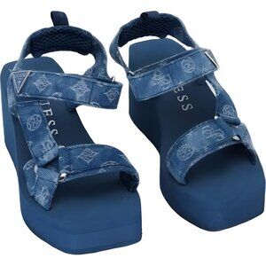 GUESS Daysa Denim Platform Wedge Sandals Blue Strappy Logo Women's 7M